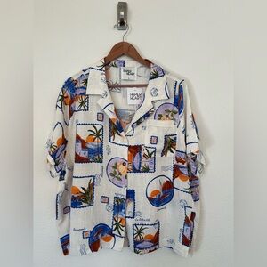 Paper Heart White Vacation Button Up Multicolored Linen Shirt NWT